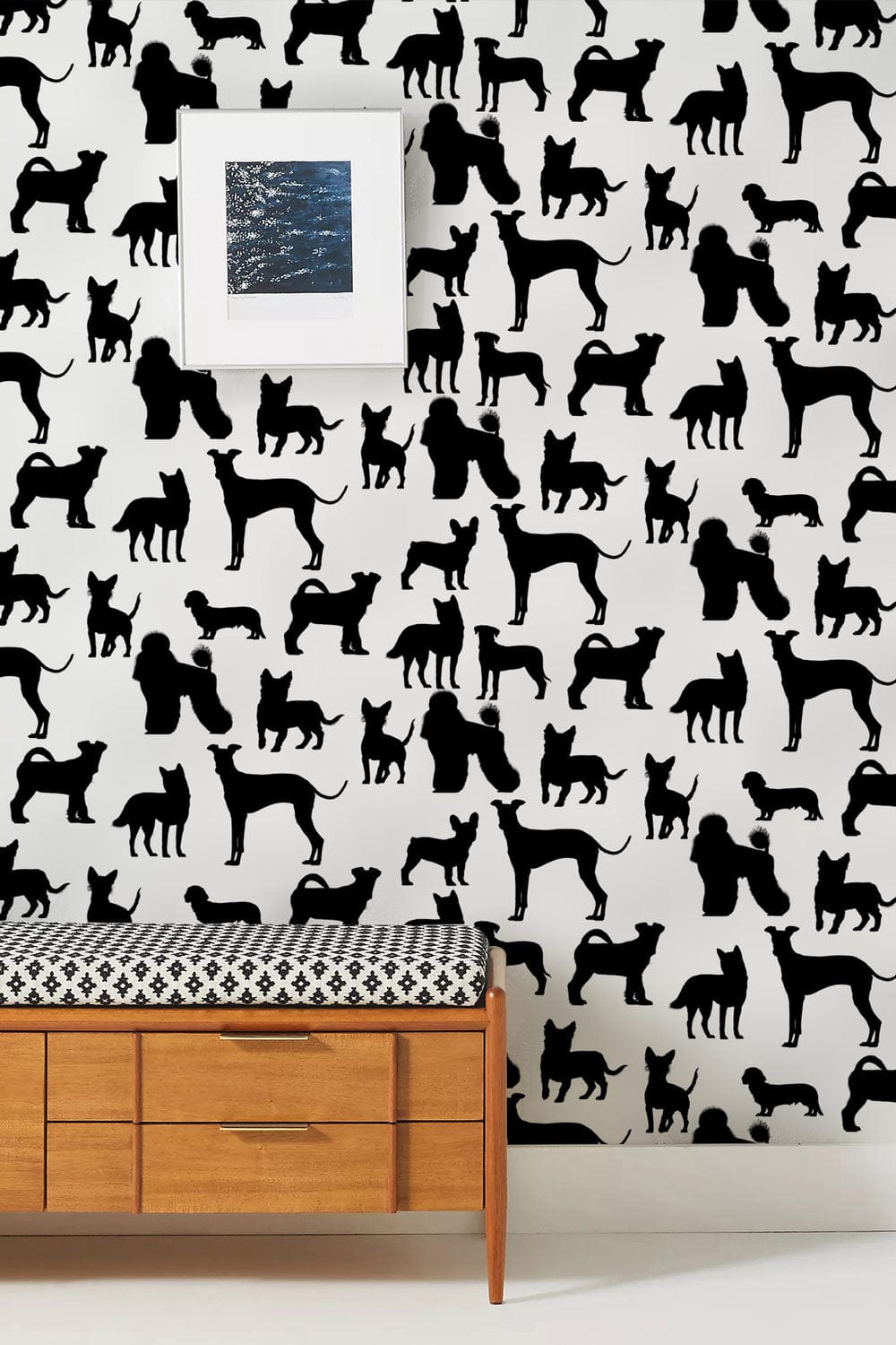 Monochrome canine silhouette wallpaper, stylish black and white design, wooden bench, framed art, neutral floor.