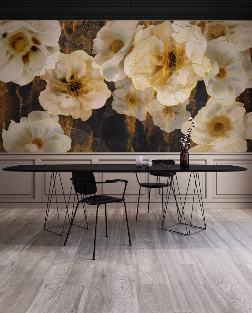 Golden Floral Elegance Mural Wallpaper with black chairs, wooden flooring, in a modern dining room.