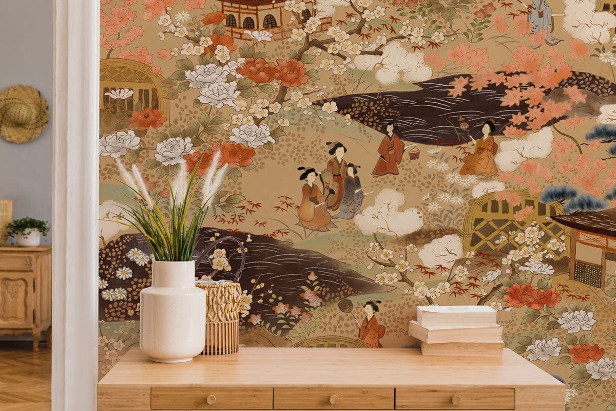 Japanese-inspired mural wallpaper in earthy tones, light wood chest, parquet flooring, traditional art design.