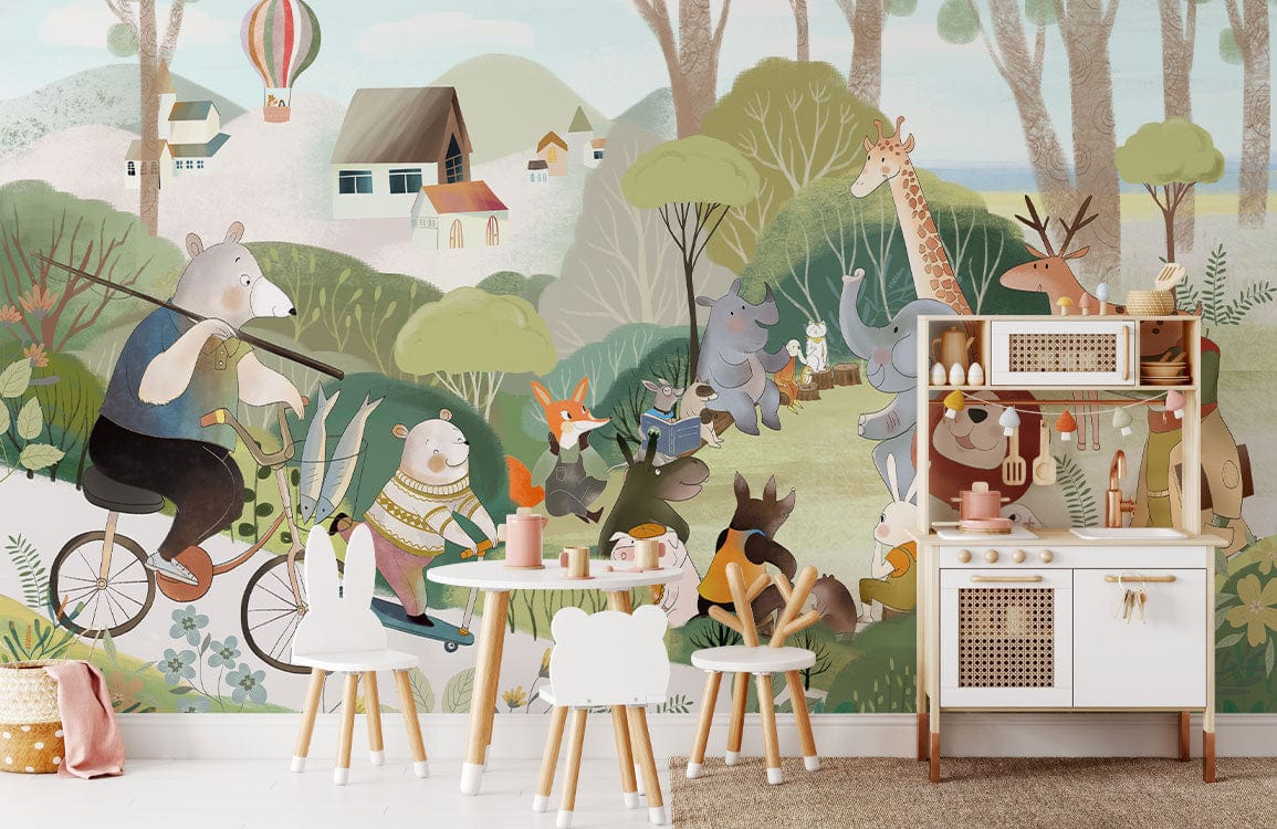 Whimsical Forest Friends mural wallpaper, children's playroom, soft pastel colours, wooden furniture, white flooring.