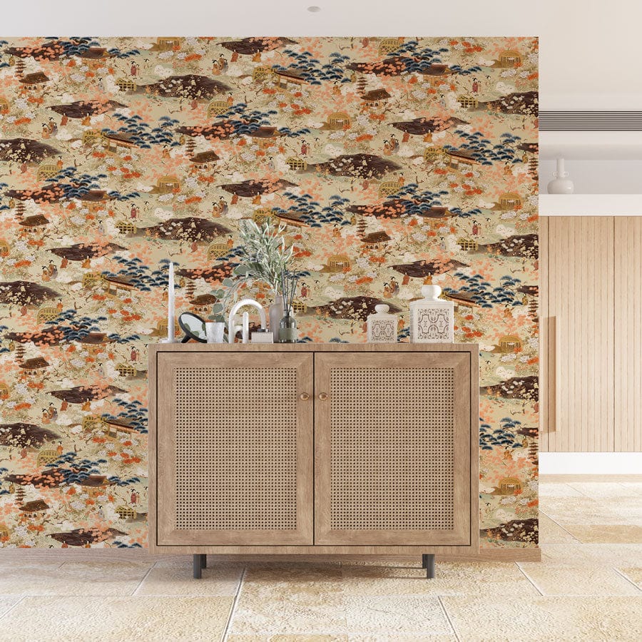 Vintage Oriental Landscape Mural Wallpaper, warm earth tones; wooden sideboard; neutral tile flooring; modern decor.