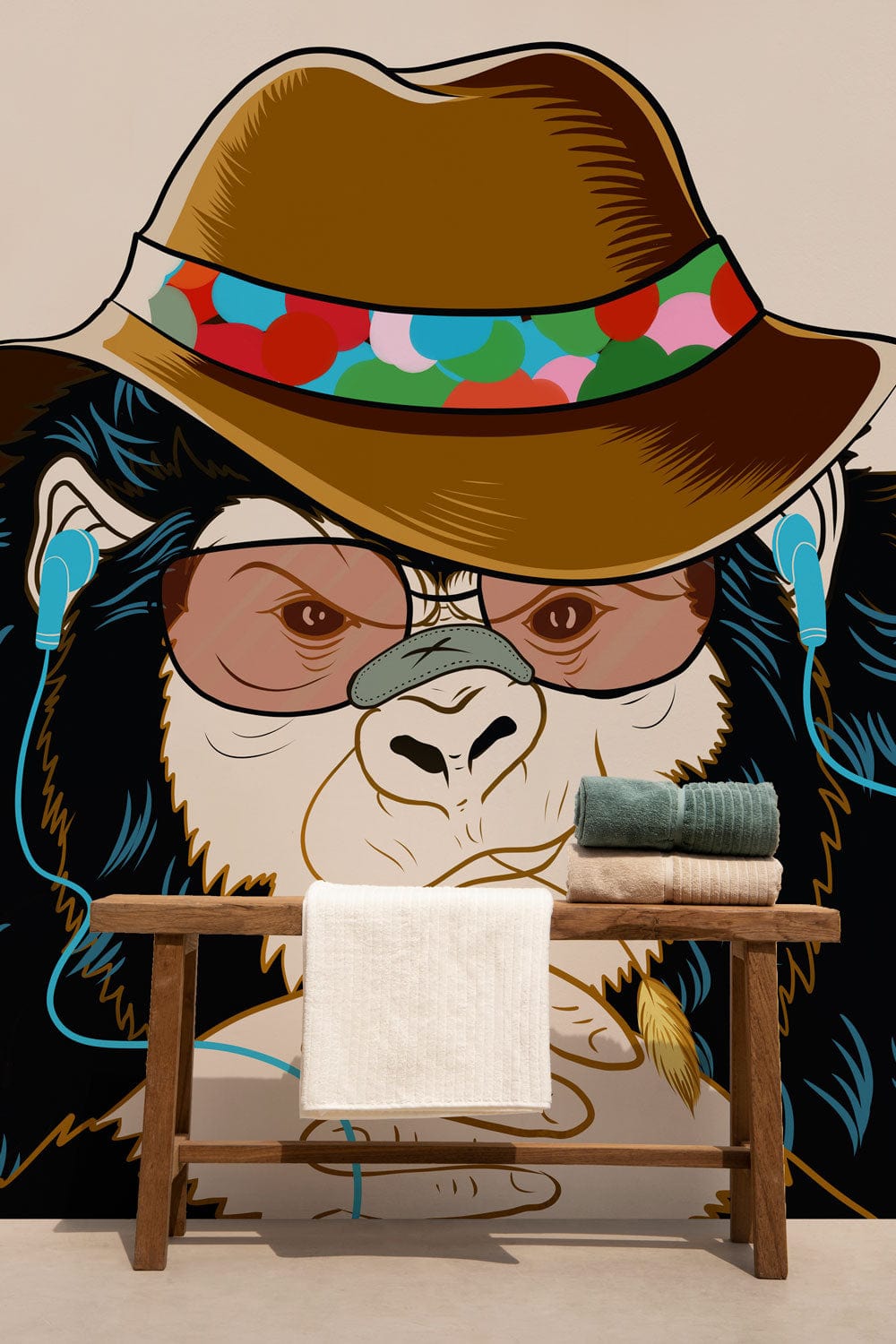Chic Monkey Hipster Style Mural Wallpaper featuring monkey with brown hat and glasses, wooden bench.