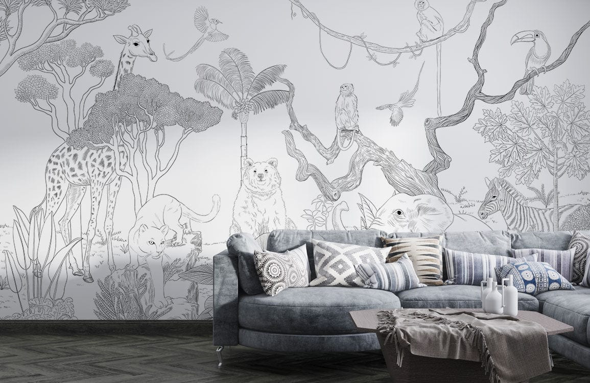 Monochrome Safari Wildlife Mural Wallpaper, grey curved sofa, patterned cushions, dark wood flooring, living room.