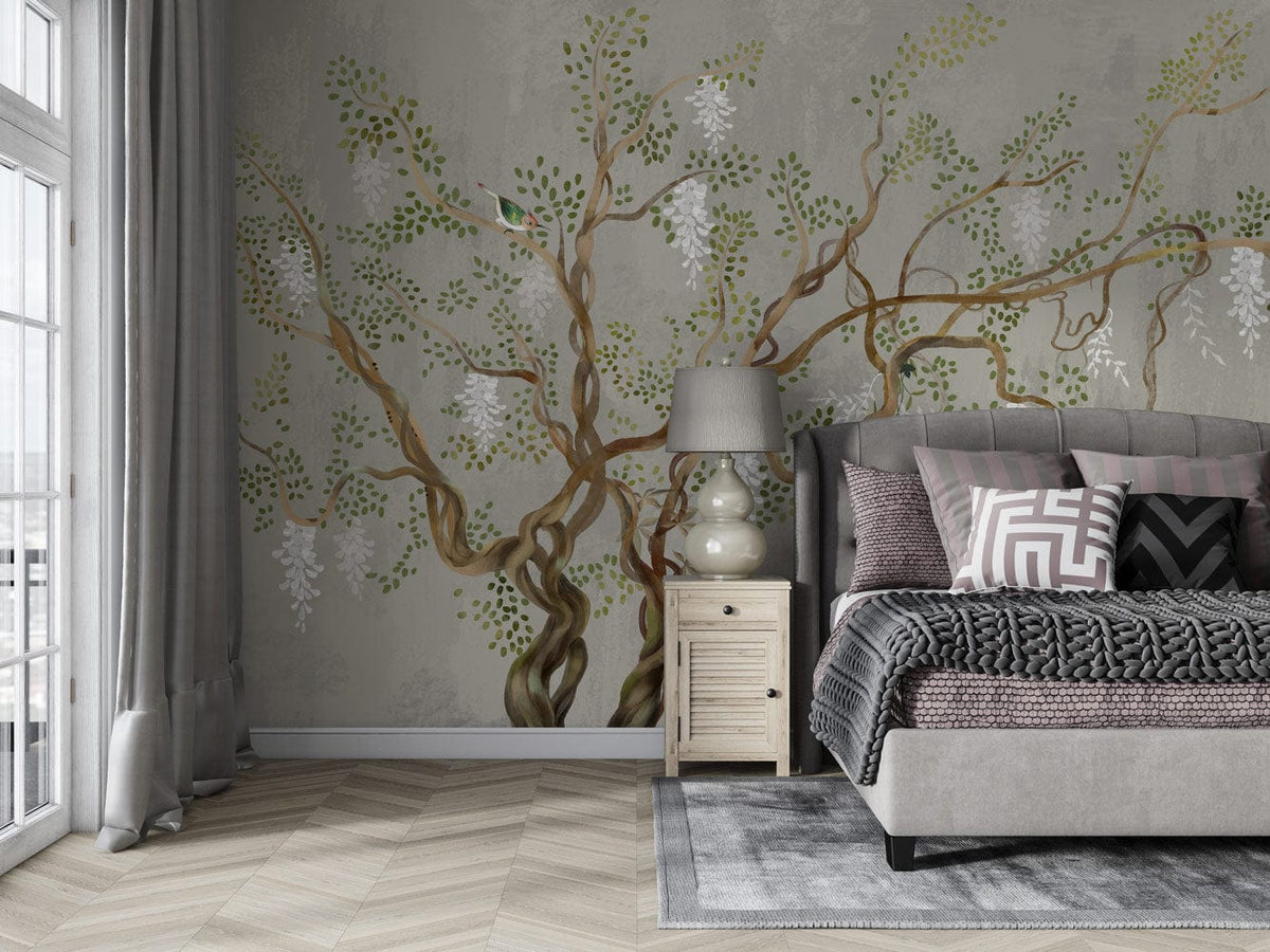 Elegant Botanical Mural Wallpaper in stylish bedroom, featuring grey upholstered bed and light wood flooring.