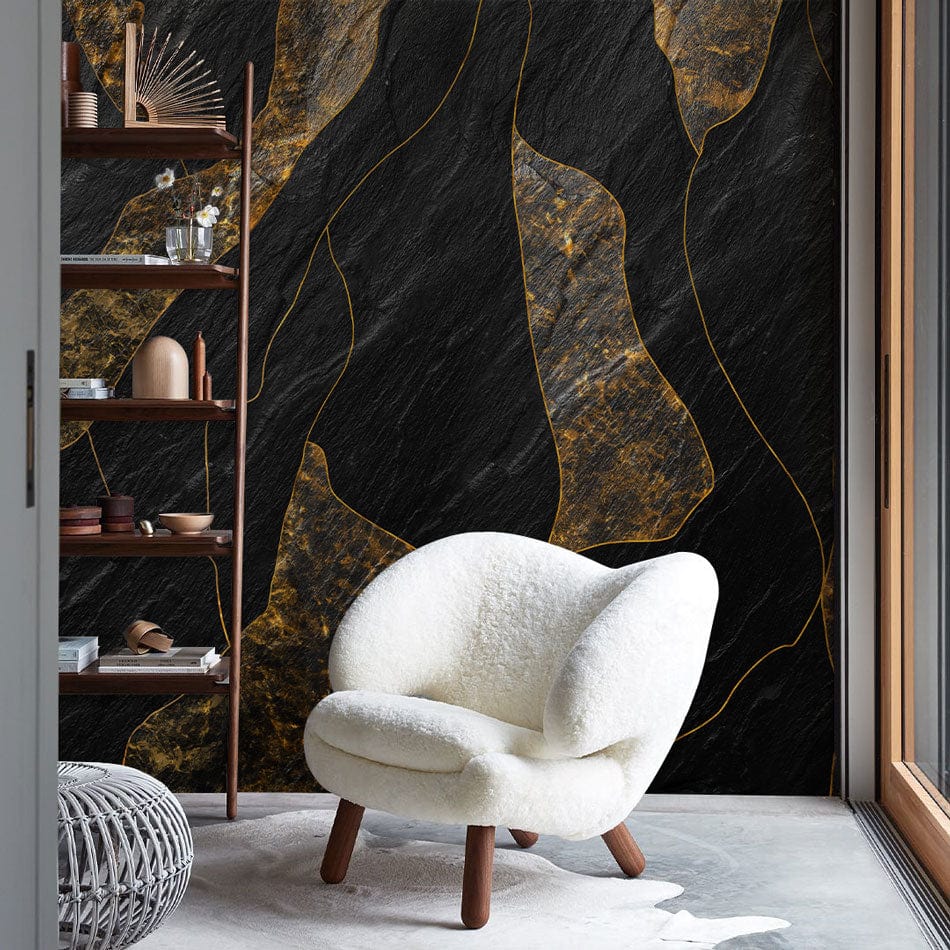 Luxurious gold marble wall mural, modern armchair, wooden shelves, grey rug, contemporary living room setting.