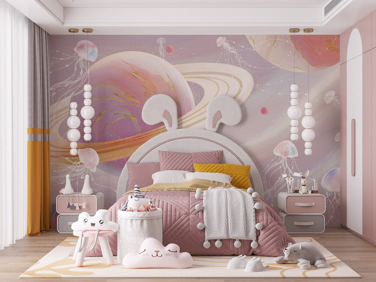 Children's room with Ethereal Pink Cosmic Jellyfish Wallpaper Mural featuring pastel space, pink bedding, and playful decor.