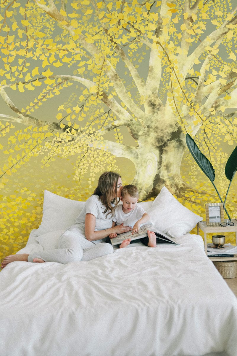 Golden Dreamscape Tree Mural in Yellow-Grey, bedroom setting, white bedding, tranquil ambience.