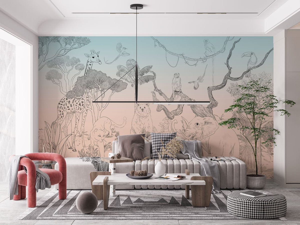 Vintage Safari Jungle mural wallpaper with animals; pastel tones; modern living room; elegant furniture style.