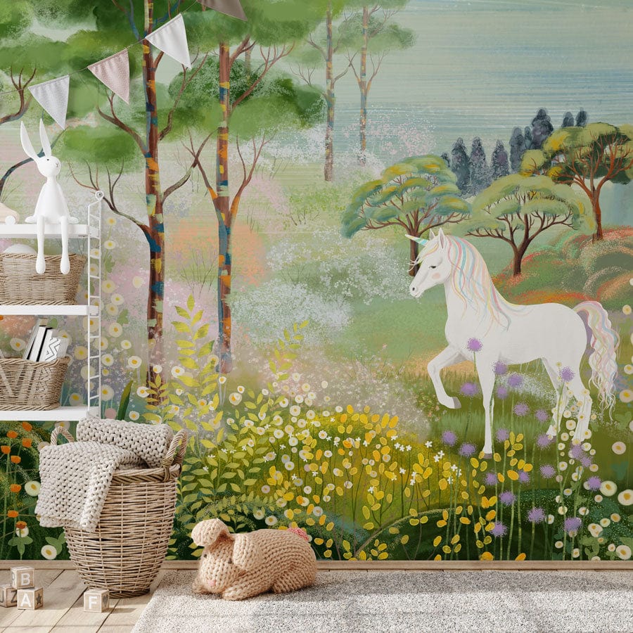 Enchanted Forest Unicorn Mural in children's room with pastel decor, wicker basket, and plush toys.
