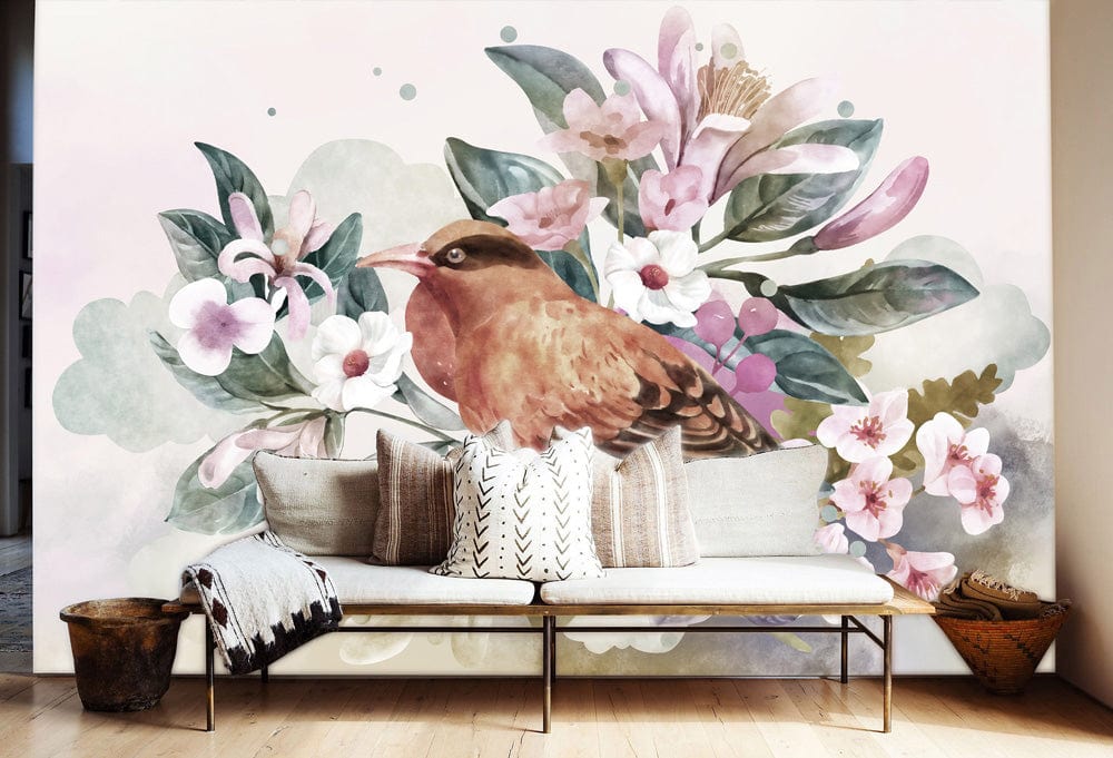 Floral Serenity mural wallpaper with bird motif behind beige sofa, wooden flooring, and modern decor items.