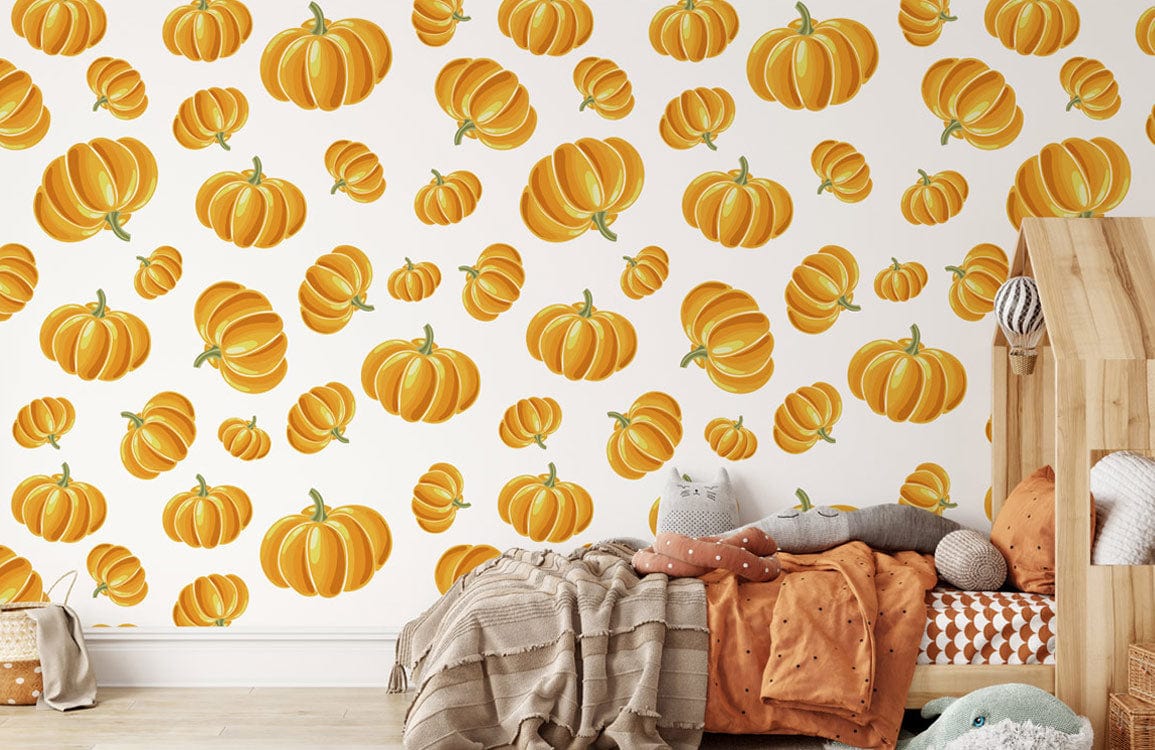 Autumn pumpkin mural wallpaper in cosy bedroom setting with wooden bed and beige carpet flooring.