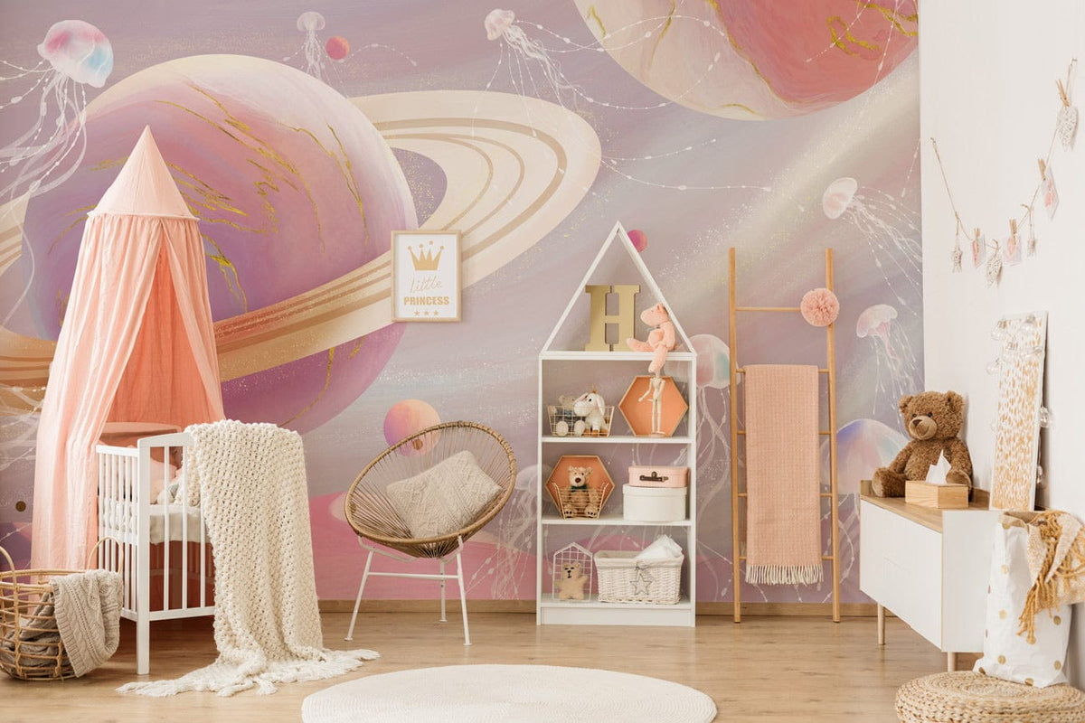 Nursery with Ethereal Pink Cosmic Jellyfish Wallpaper, cosy chair, wooden flooring, soft pastel decor.
