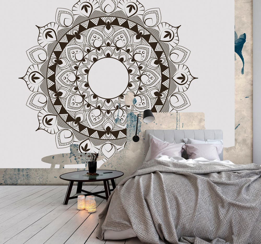 Intricate brown mandala wallpaper in bohemian style, complementing grey bedding and minimalist loft bedroom Décor.