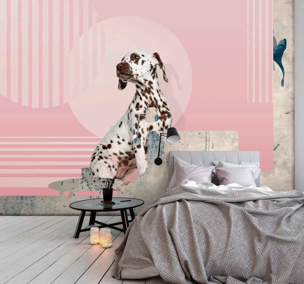 Dalmatian Delight wallpaper: Modern pastel pink circles, cosy bedroom, grey bedding, white wood flooring.