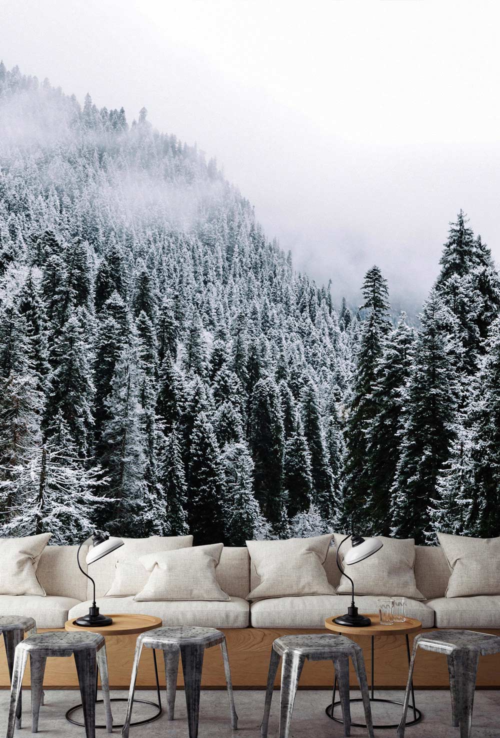 Winter Forest Mural Wallpaper with beige sofa, modern lamps, grey stools, living room setting.