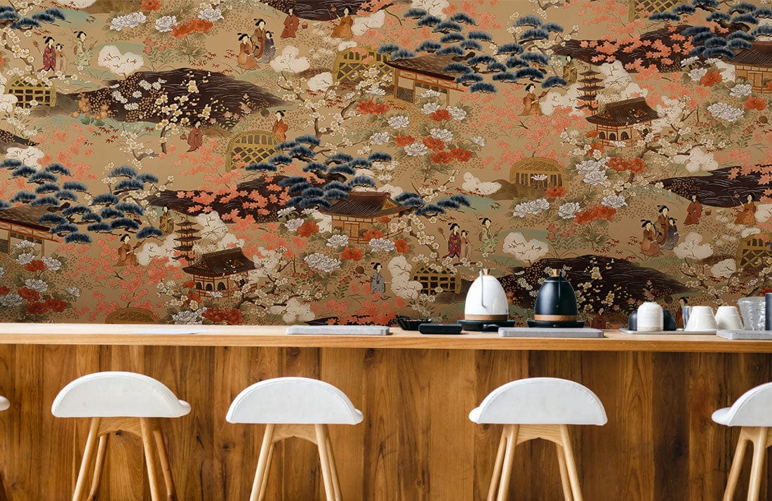 Japanese-inspired mural wallpaper with traditional art in earthy tones behind wooden bar and white stools.