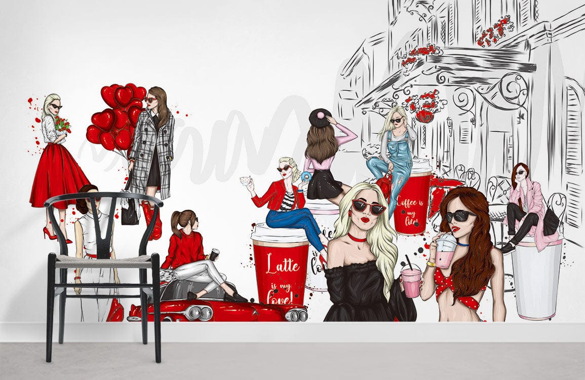 Chic urban fashion mural wallpaper with red accents, modern style, black chair, white wall.