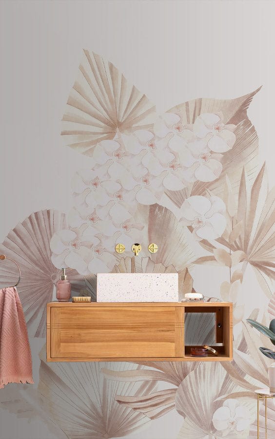 Elegant Pastel Botanical Floral Wallpaper Mural in soft tones, with wooden vanity in modern bathroom.
