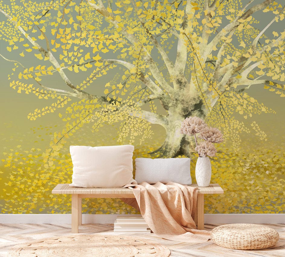 Golden Dreamscape Tree Mural Wallpaper with wooden bench, neutral cushions, rug; serene decor setting.