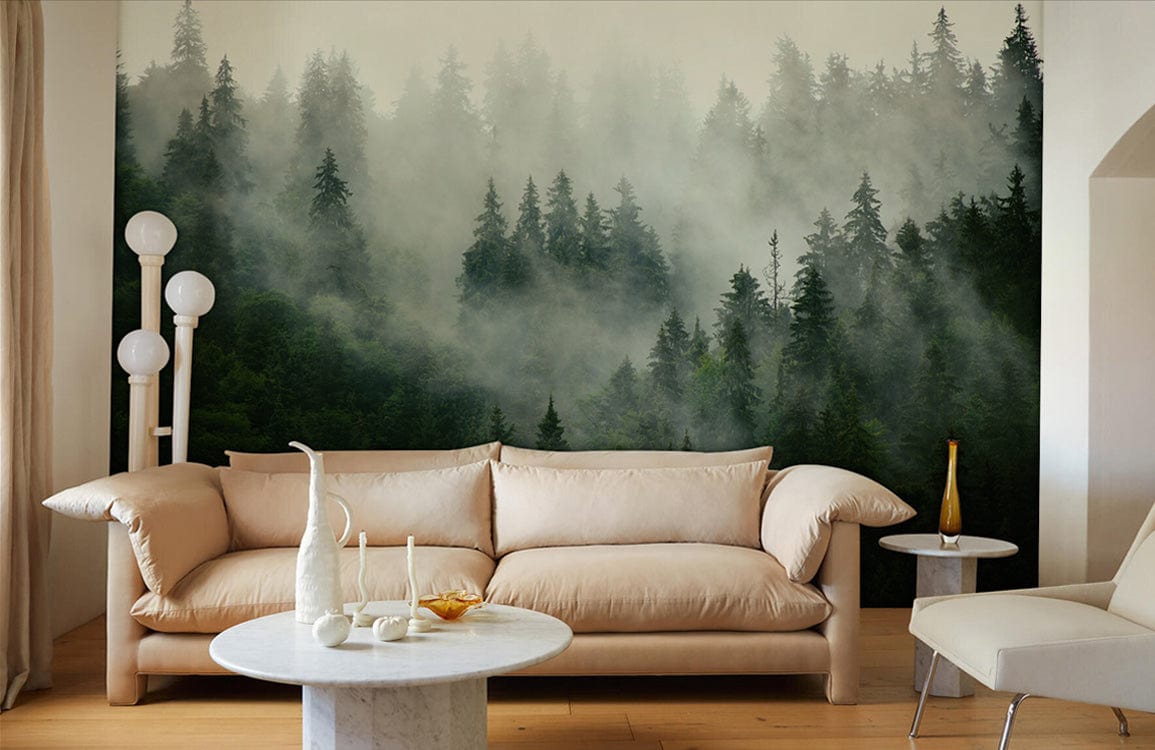 Mystical forest mural wallpaper; beige sofa; wooden flooring; contemporary living room with marble table.