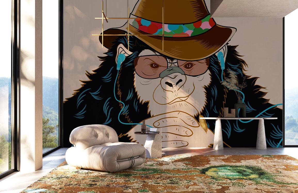Chic Monkey Hipster Mural: Brown Hat, Glasses, Modern Room, Plush Sofa, Vibrant Rug, Large Windows.