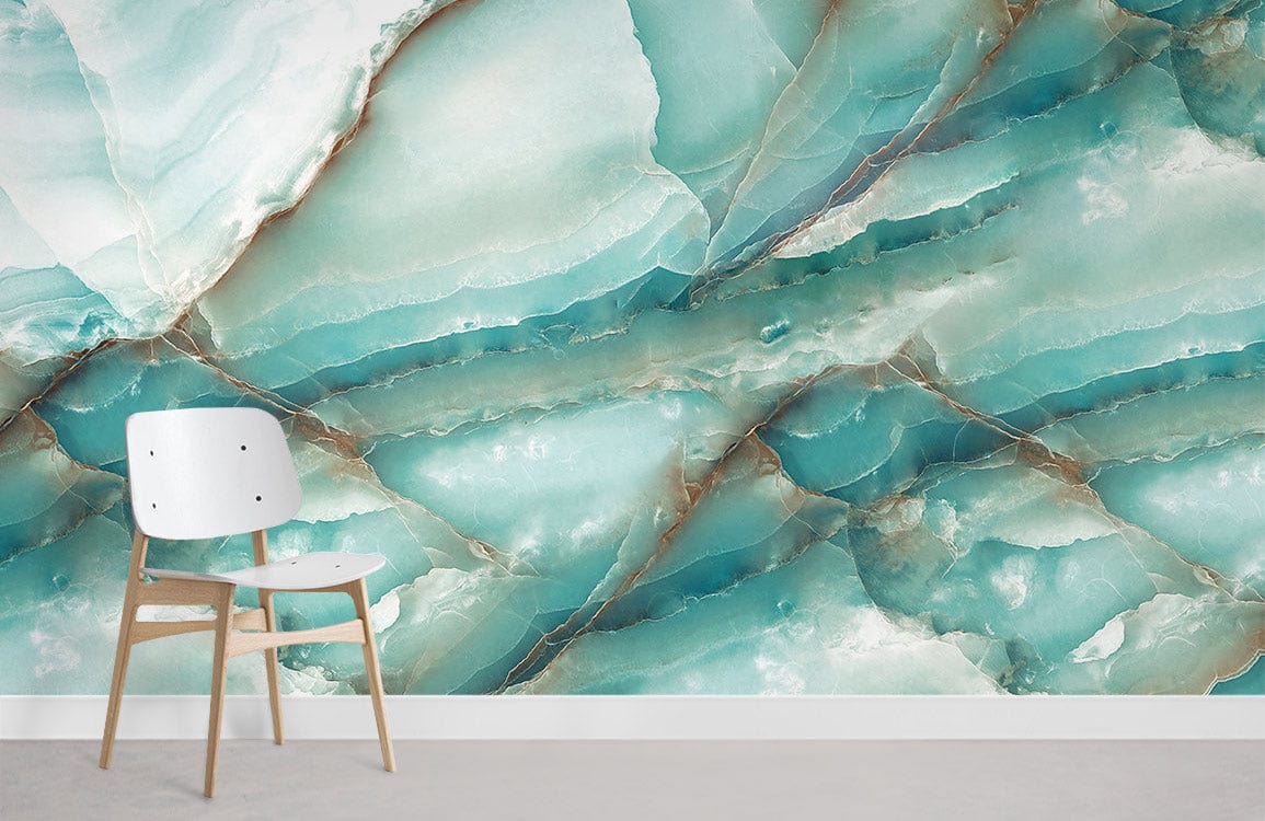 Aqua Marble Effect Wallpaper with white chair, on a beige flooring in a stylish room setting.