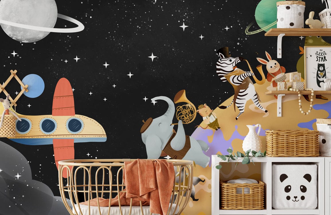 Whimsical space mural in children's bedroom with cosy cot, playful wall shelves, and animal decor.