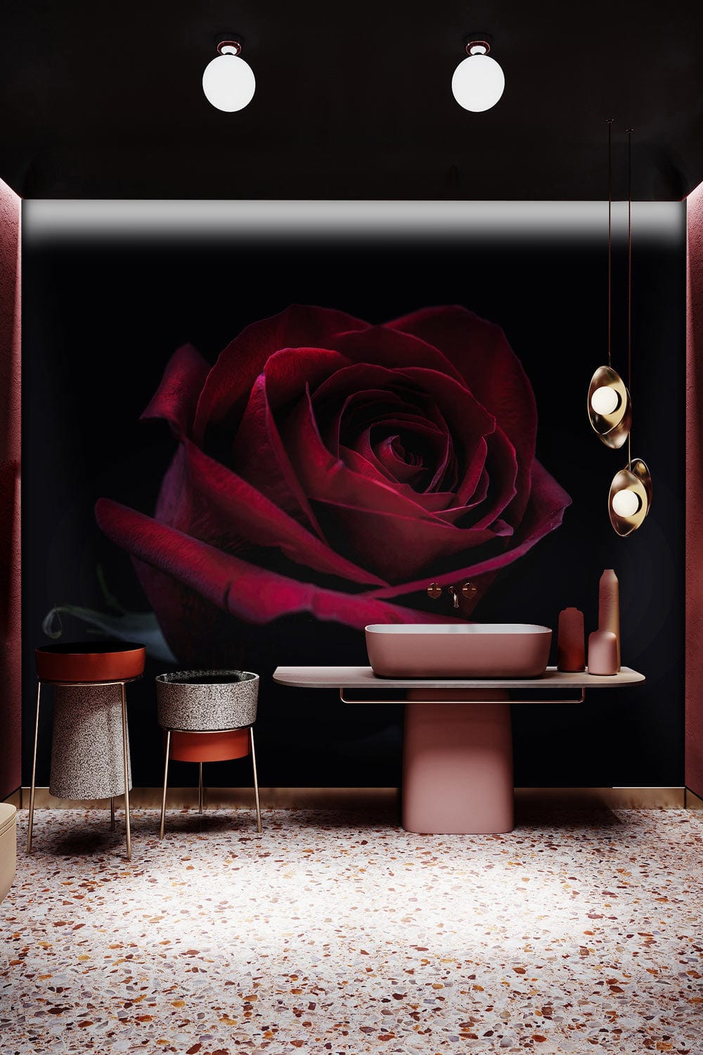 Elegant red rose mural in modern bathroom with terrazzo flooring, contemporary sink, and stylish lighting.