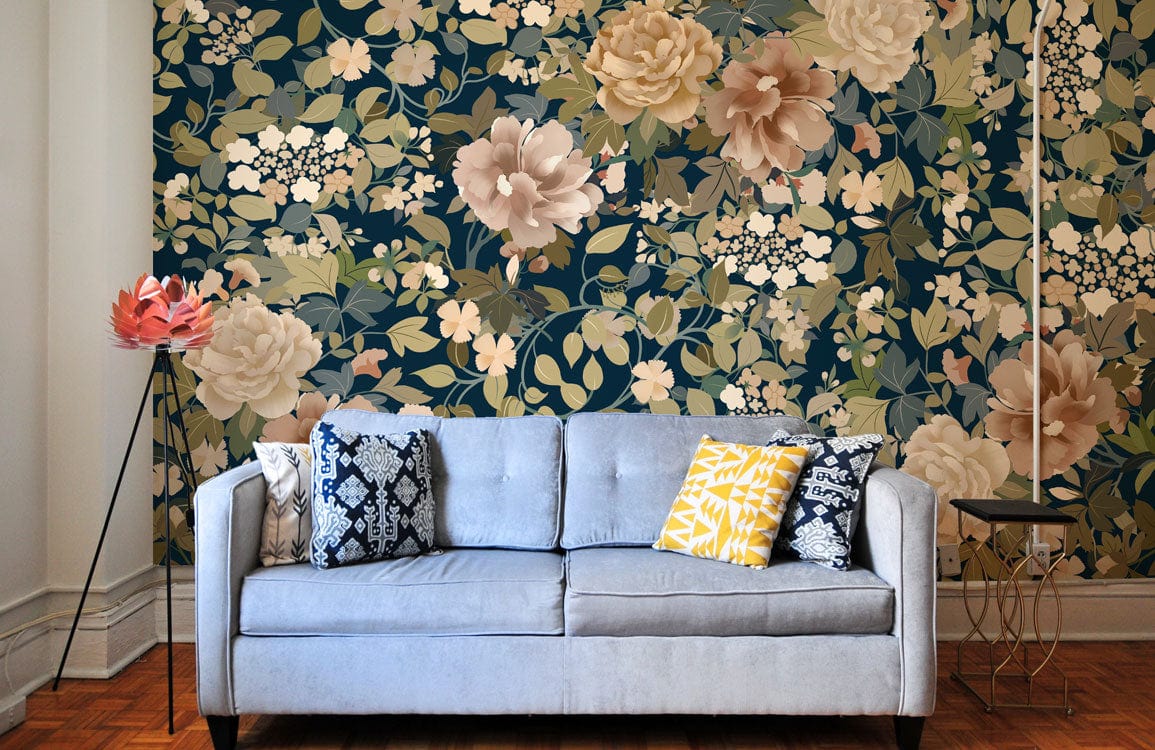 Elegant Navy Floral Mural Wallpaper with Soft Pastel Blooms for Living Rooms