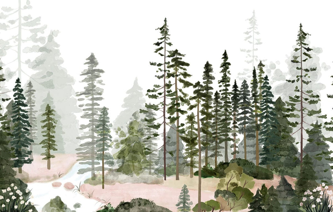 Serene Forest Watercolour Mural Wallpaper in Soothing Green Tones