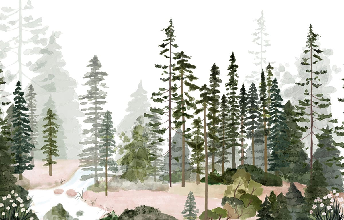 Serene Forest Watercolour Mural Wallpaper in Soothing Green Tones