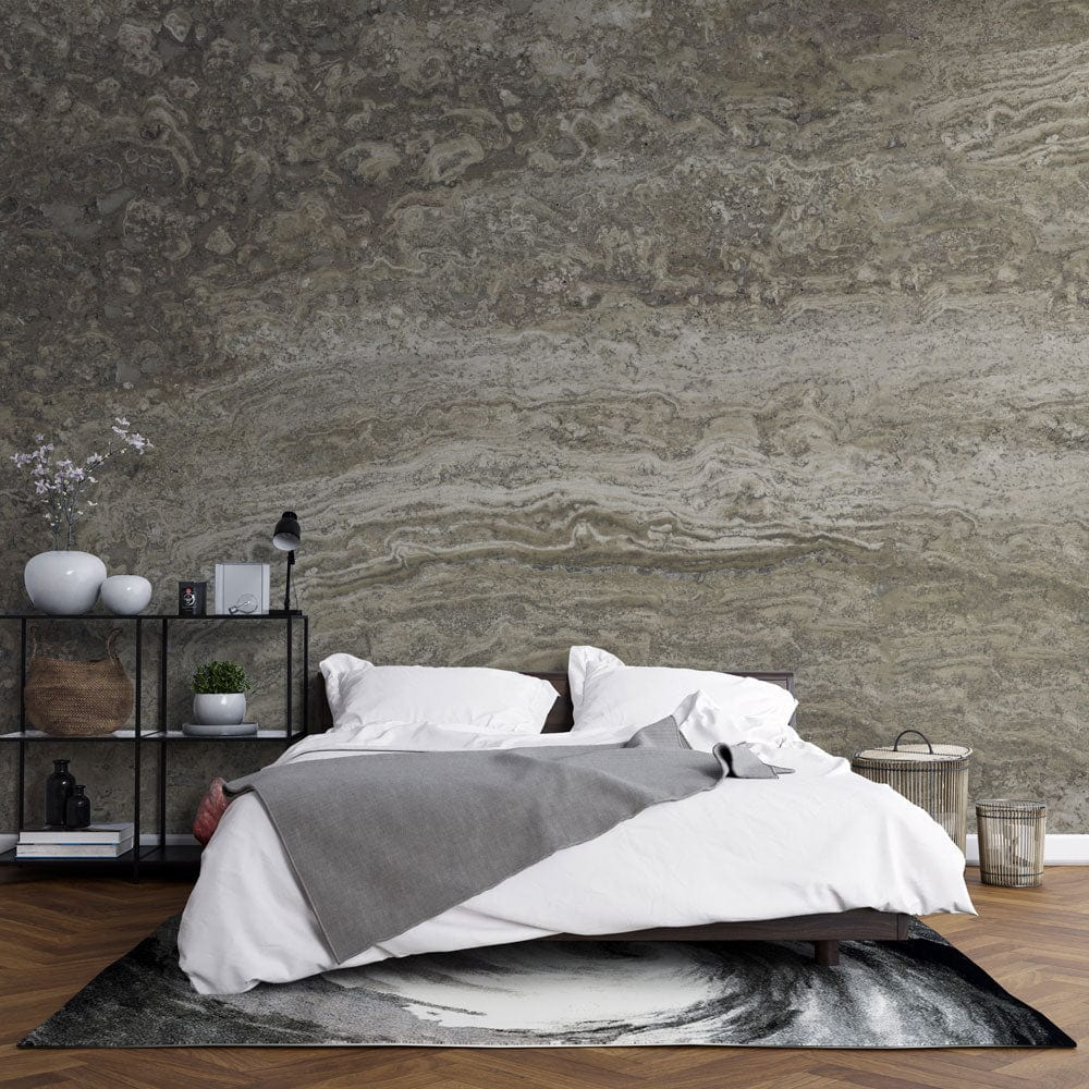Earthy stone mural wallpaper with rustic grey elegance, modern bedroom, plush bed, and wooden flooring.