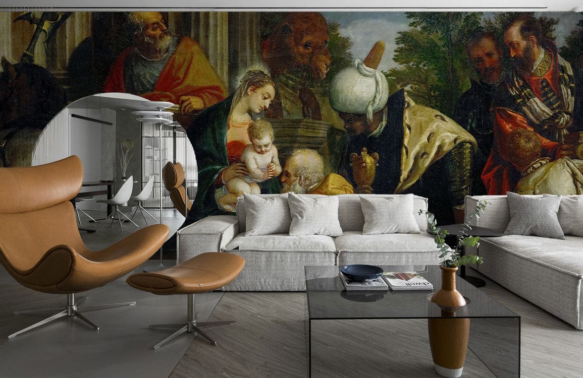 Renaissance-style mural wallpaper with earthy tones, modern furniture, wood flooring, white sofa, glass table.