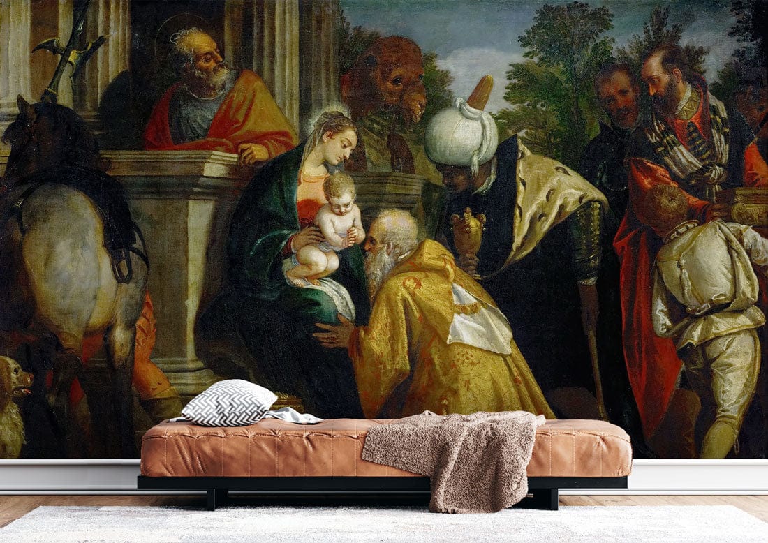 Renaissance religious mural wallpaper, earthy tones, classic art; caramel sofa, light hardwood flooring, living room.