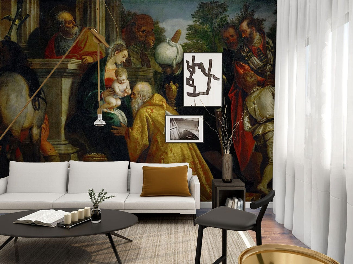 Renaissance-inspired mural wallpaper in living room with white sofa, dark coffee table, and hardwood flooring.