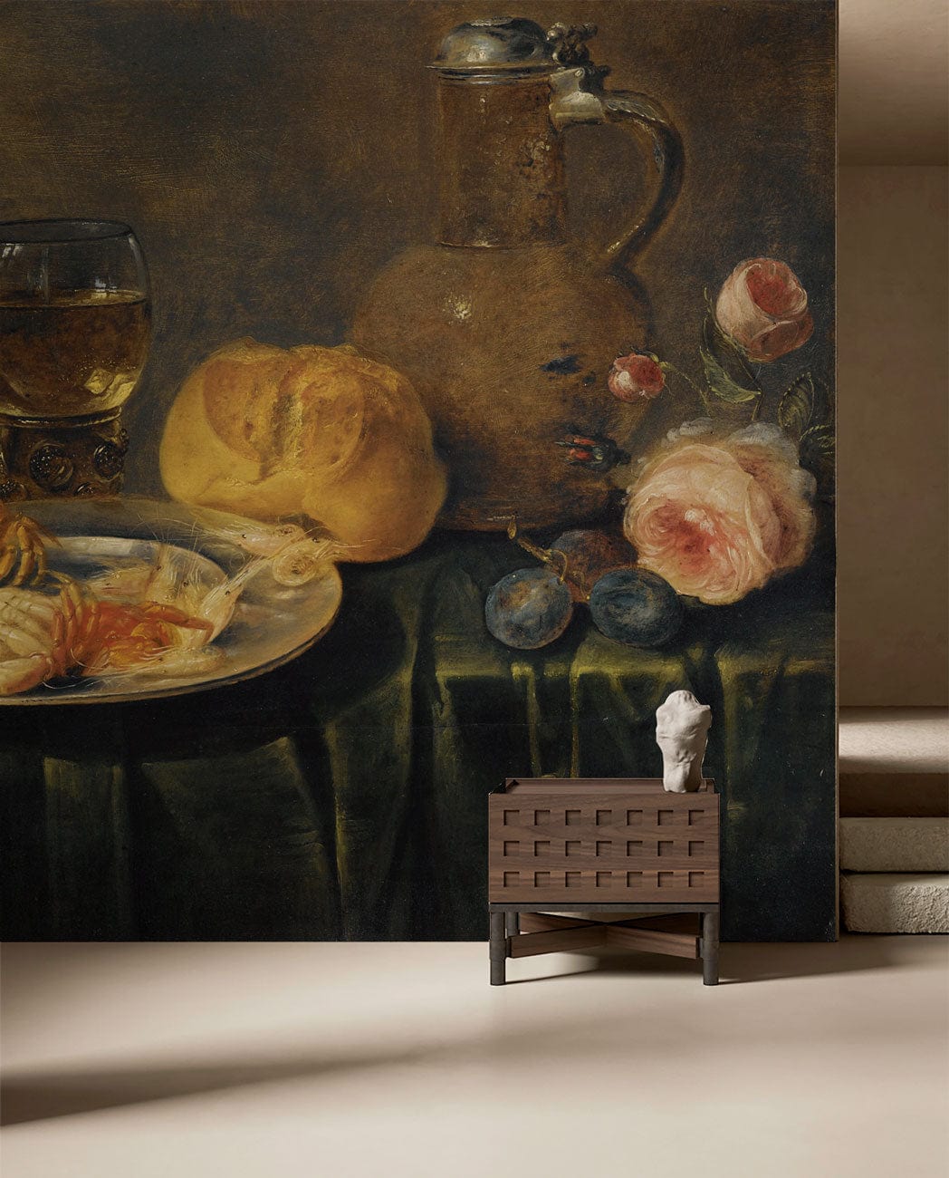 Vintage Still Life Mural Wallpaper in rich tones with rustic chair, beige walls, modern staircase.