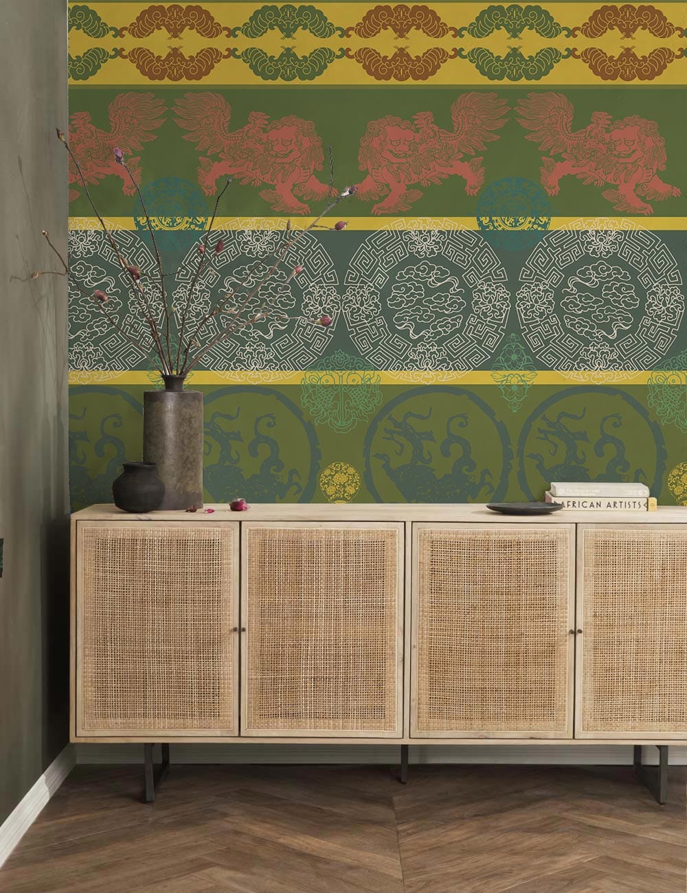 Vintage Oriental Green and Gold Patterned Wallpaper for Elegant Interiors