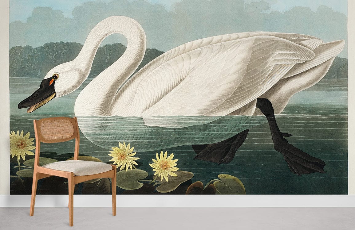 Elegant swan and water lilies mural wallpaper, featuring light wood chair, grey flooring in living room.