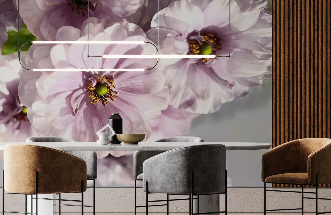 Blossoming Lavender Wallpaper in dining room with modern chairs, wooden panelling, and elegant lighting fixtures.
