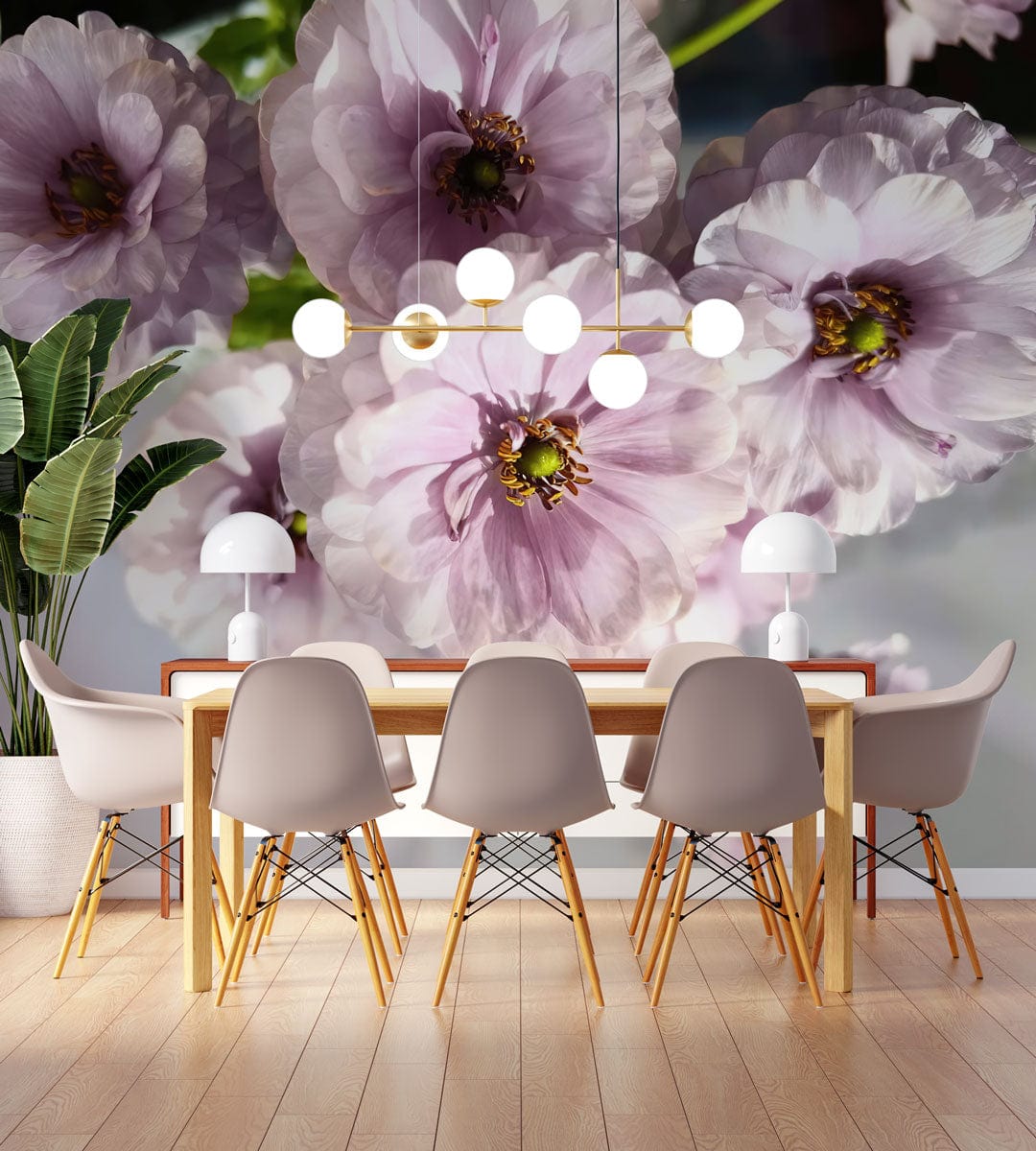 Blossoming Lavender Floral Pattern Wallpaper in dining room with wooden table, grey chairs, pendant lights.