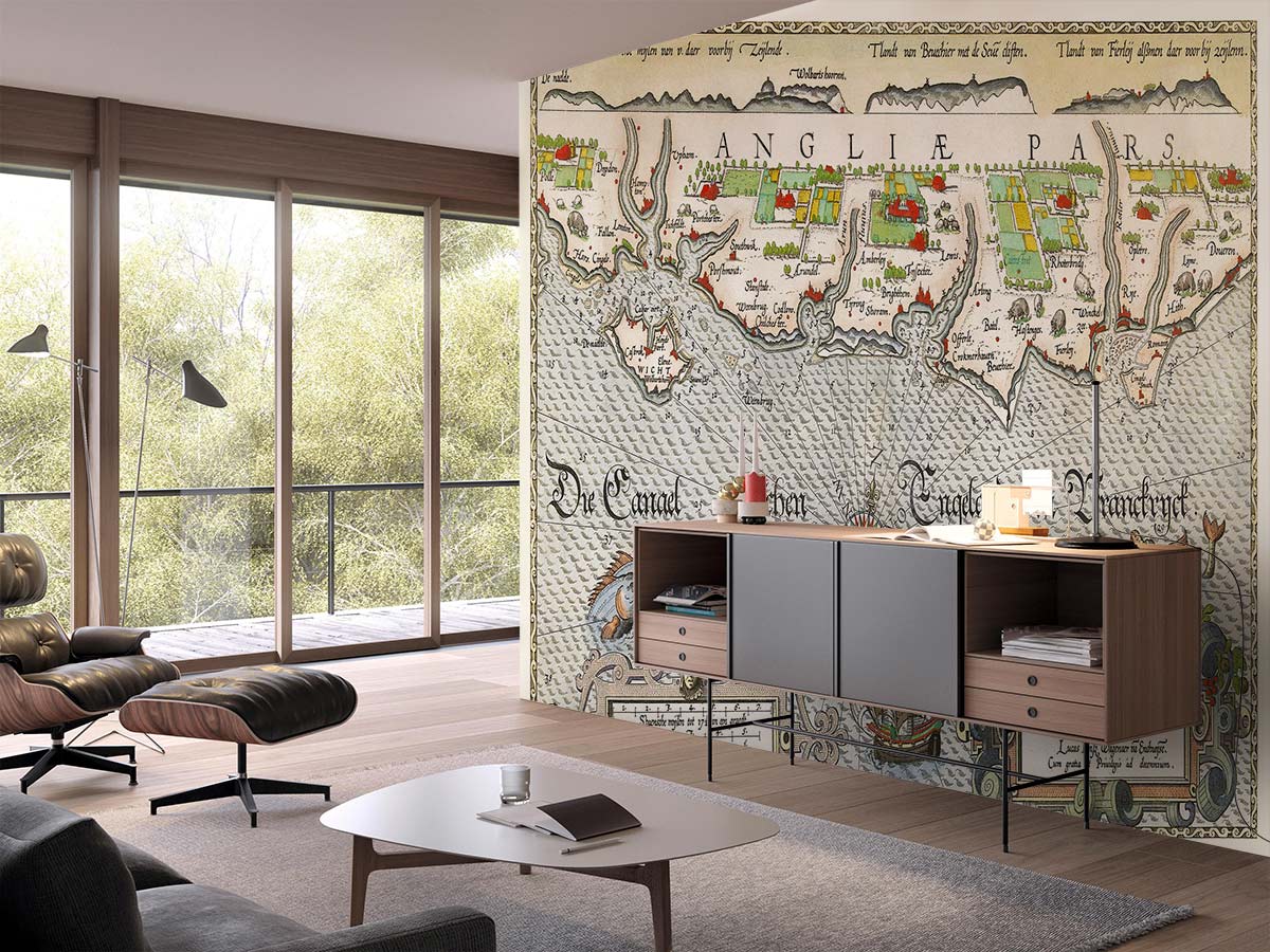 Vintage Nautical Map Wallpaper in modern living room with grey sofa, wooden flooring, and elegant sideboard.