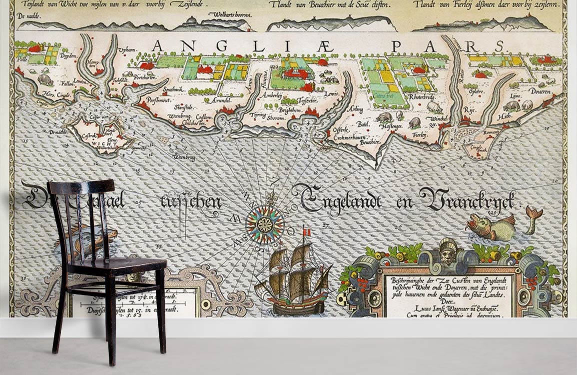 Vintage nautical map wallpaper with historical seaside charm and black wooden chair on grey flooring.
