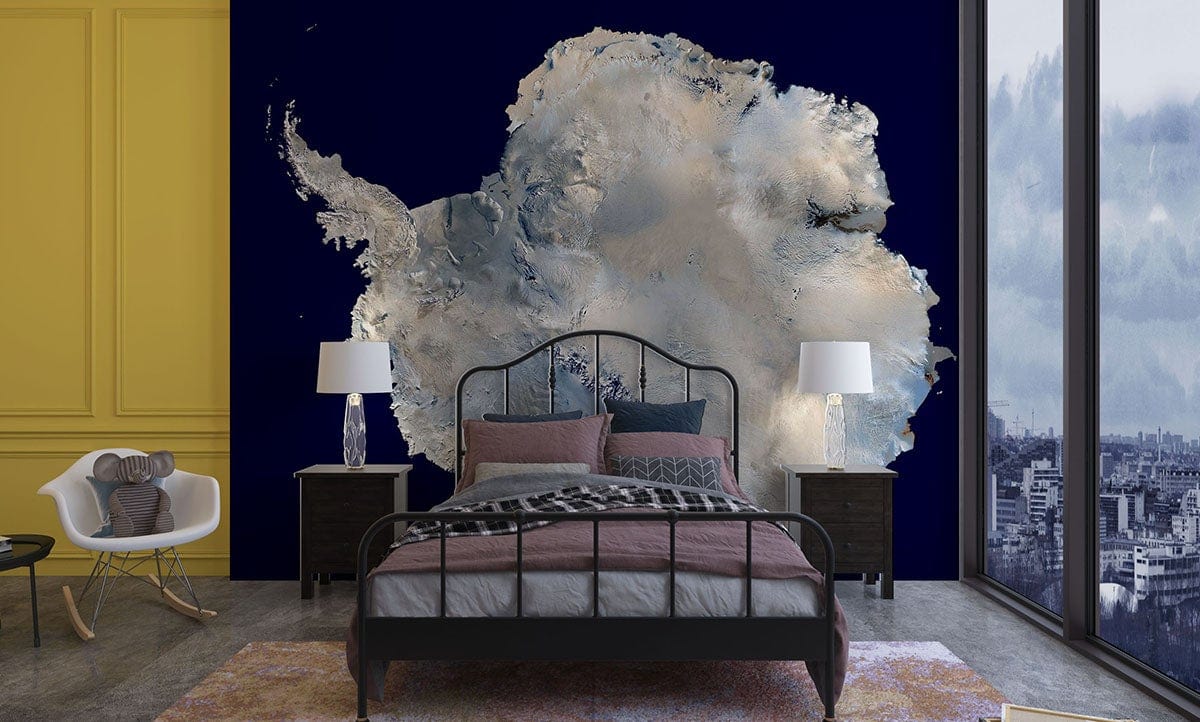 Aerial view ice mural wallpaper in bedroom with grey flooring, black bed frame, and large windows.