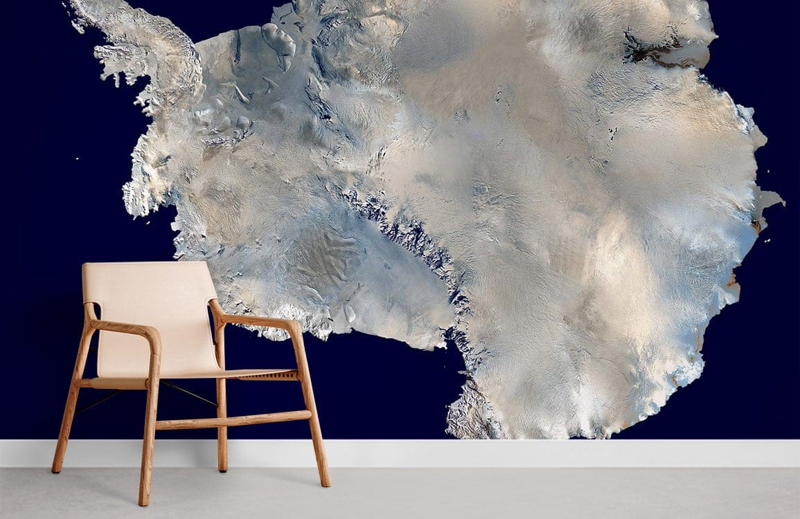 Aerial view Antarctic mural wallpaper with cool tones, wooden chair, neutral flooring in modern room.