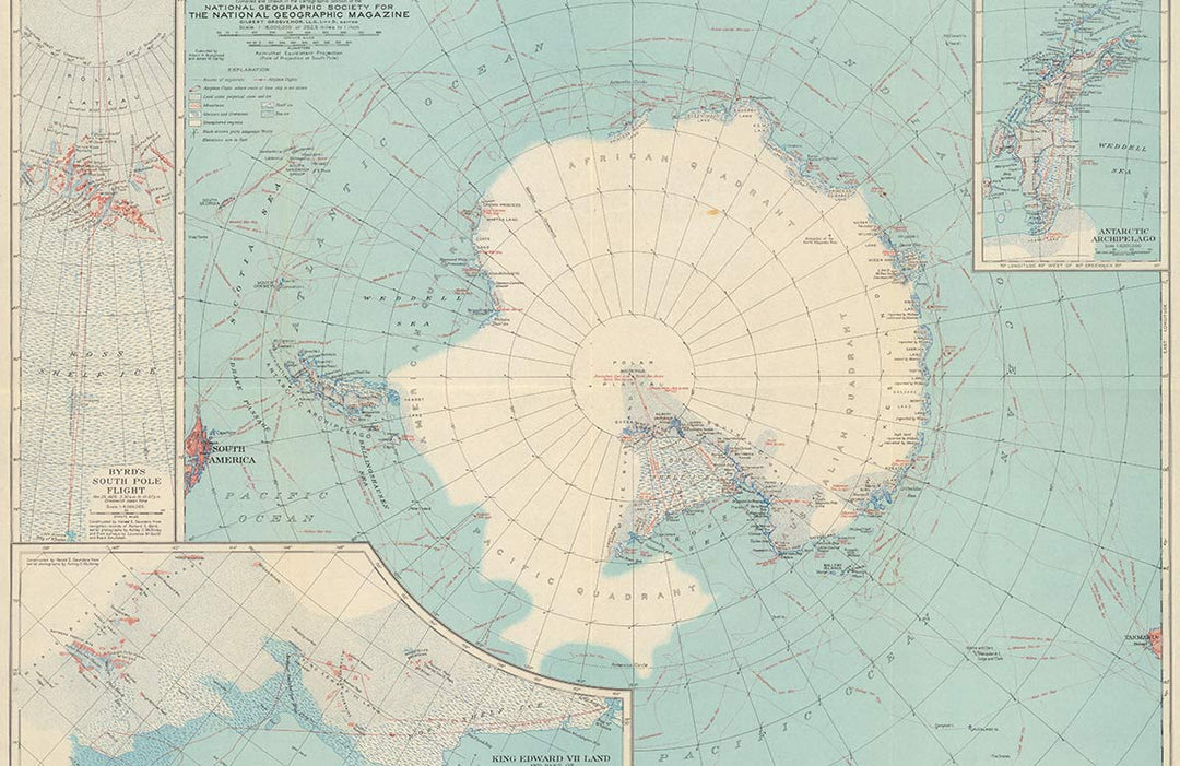 Vintage Antarctic Exploration Map Mural Wallpaper - Blue Historical Classic Design