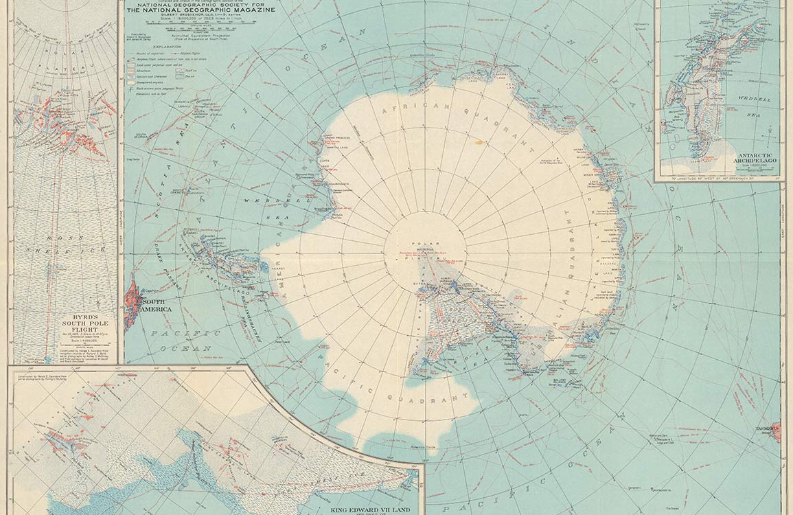 Vintage Antarctic Exploration Map Mural Wallpaper - Blue Historical Classic Design
