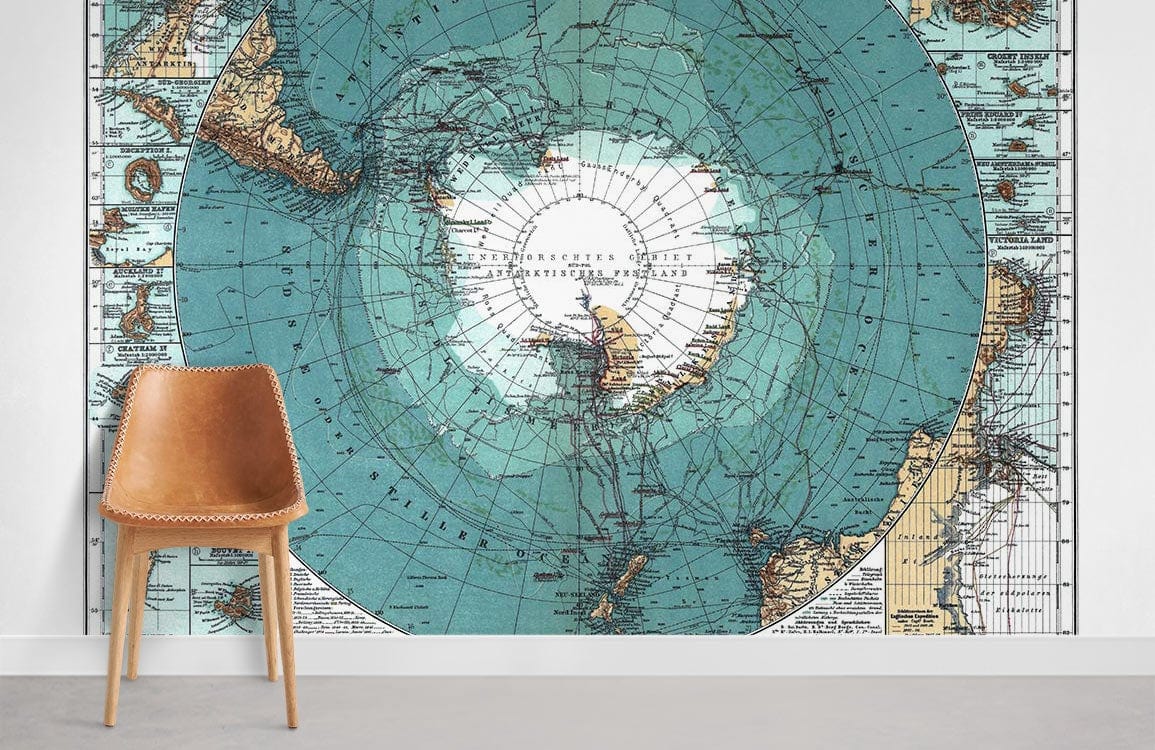 Vintage World Map Aqua Blue Nautical Mural Wallpaper in stylish interior with modern brown chair.