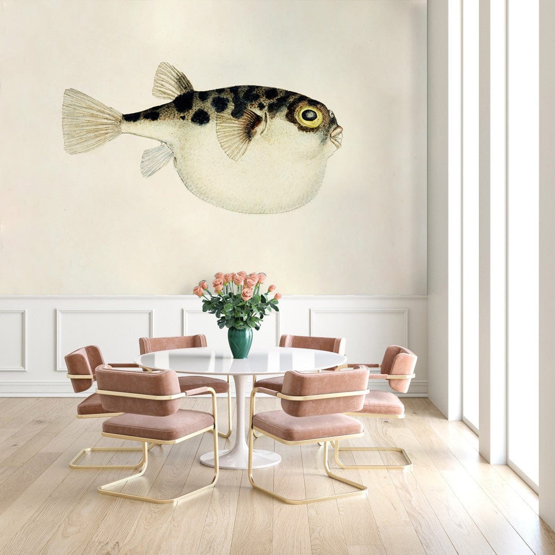 Vintage Pufferfish wallpaper, modern dining room, pink chairs, wooden flooring, coastal marine decor.