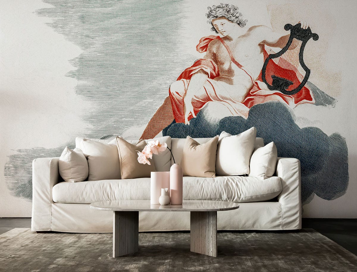 Classic Mythology Mural Wallpaper in living room, featuring cloud motifs, neutral sofa, and modern coffee table.