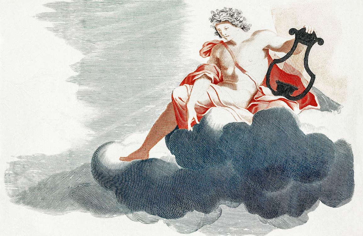 Classic Mythology Mural Wallpaper with Clouds, Red and White Tones